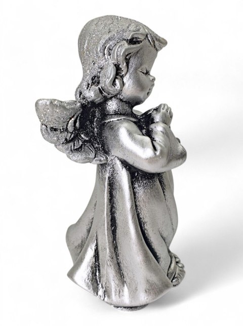 SREBRNY ANIOŁEK FIGURKA DEKORACYJNA ANIOŁ Z BROKATEM 13CM