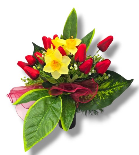 BUKIET WKŁAD DO WAZONU KWIATY NA CMENTARZ GRÓB POMNIK WZÓR WIOSENNY TULIPANY ŻONKILE