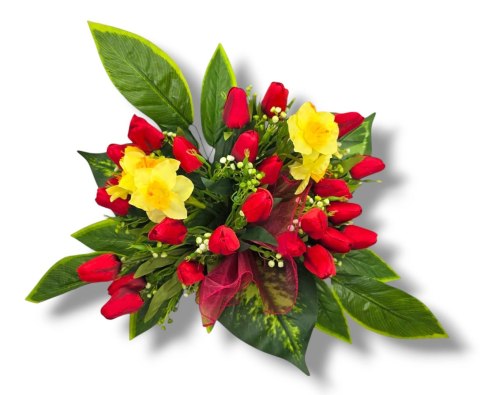 WIOSENNY STROIK NA CMENTARZ KWIATY NA GRÓB POMNIK MISA Z OBCIĄŻENIEM TULIPANY ŻONKILE