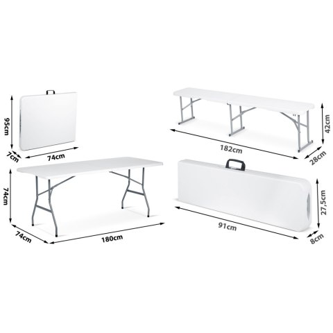 Zestaw ogrodowy składany ławka + 2 ławki 180 cm Plonos biały