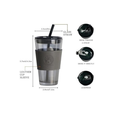 Kubek ze szkła na Kawę Herbatę ze słomką i zamknięciem 450 ML CUP09B