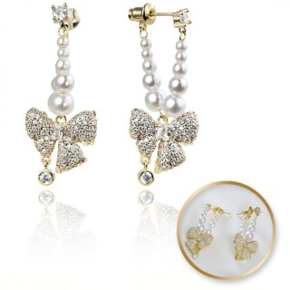 Kolczyki KOKARDY ze stali szlachetnej platerowane 14k złote, perły i cyrkonie KST3342