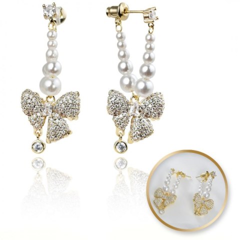 Kolczyki KOKARDY ze stali szlachetnej platerowane 14k złote, perły i cyrkonie KST3342