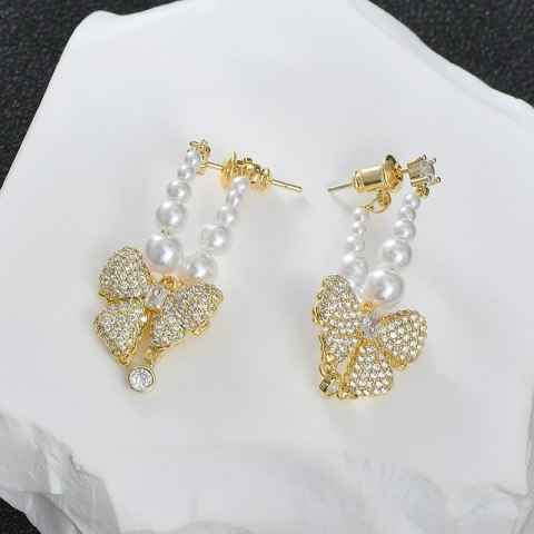 Kolczyki KOKARDY ze stali szlachetnej platerowane 14k złote, perły i cyrkonie KST3342