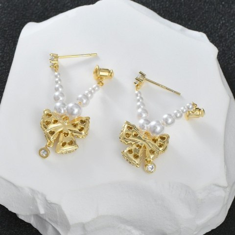 Kolczyki KOKARDY ze stali szlachetnej platerowane 14k złote, perły i cyrkonie KST3342