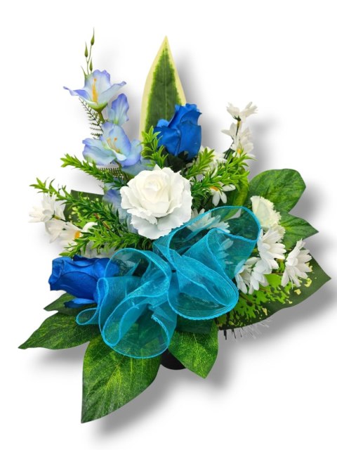 BIAŁO NIEBIESKI BUKIET WKŁAD DO WAZONU KWIATY NA CMENTARZ GRÓB POMNIK