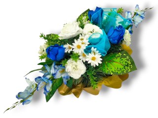 BIAŁO NIEBIESKI STROIK NA CMENTARZ KWIATY NA GRÓB POMNIK MISA Z OBCIĄŻENIEM