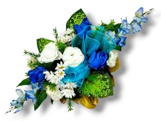 BIAŁO NIEBIESKI STROIK NA CMENTARZ KWIATY NA GRÓB POMNIK MISA Z OBCIĄŻENIEM