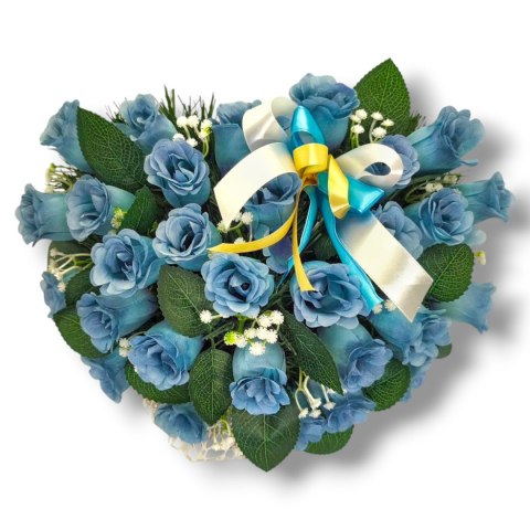 STROIK NA POMNIK SERCE KOMPOZYCJA KWIATOWA NIEBIESKIE RÓŻE SERDUSZKO NA GRÓB