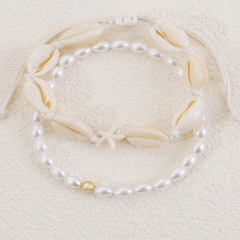 Bransoletka 2w1 na stopę MUSZELKI na sznurku, rozgwiazda PEREŁKI B544