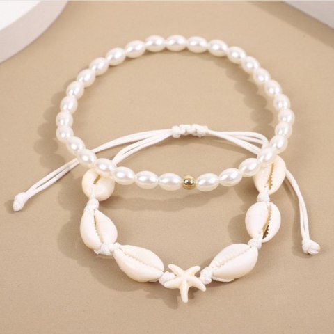 Bransoletka 2w1 na stopę MUSZELKI na sznurku, rozgwiazda PEREŁKI B544