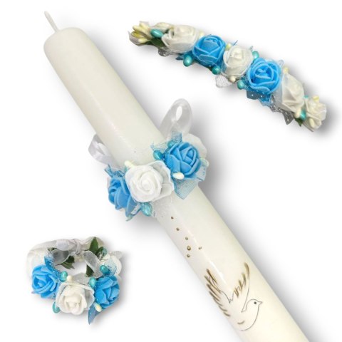 OZDOBA NA ŚWIECE DO CHRZTU PROFITKA DEKORACJA ŚWIECY Z KWIATUSZKÓW