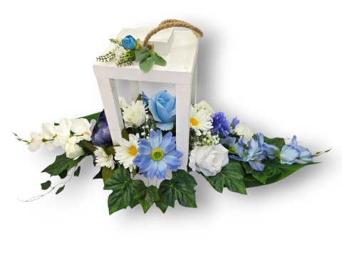 STROIK BIAŁY LAMPION NA GRÓB POMNIK CMENTARZ DEKORACJA NAGROBNA WIENIEC BIAŁO NIEBIESKI