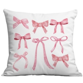 Lniana poszewka na poduszkę 45 x 45 cm biała, KOKARDKI różowe POD230