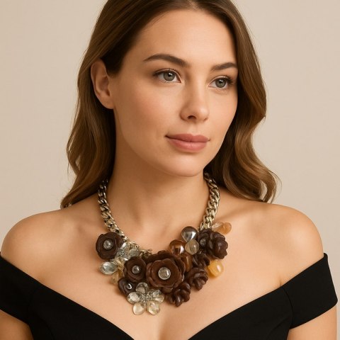 Efektowna Kolia naszyjnik, Kwiaty Szklane brązowe N74BR