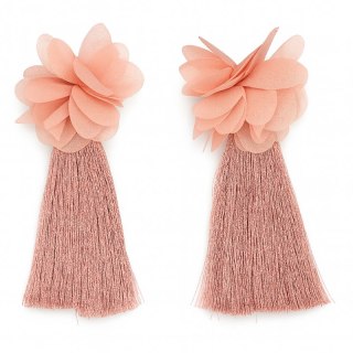 Kolczyki sztyft, tiulowy KWIAT, frędzle róż K884