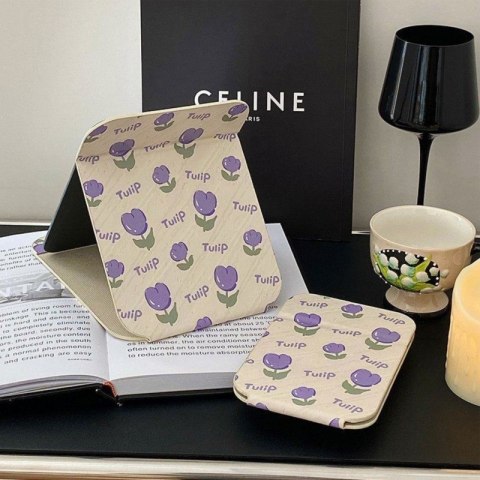 Lusterko kosmetyczne z ekoskóry, otwierane, strojące duże, tulipany 15 x 21 cm L22