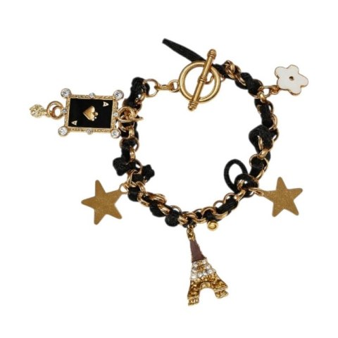 Bransoletka zawijana, rzemyk czarny, złota z zawieszkami B123CZ