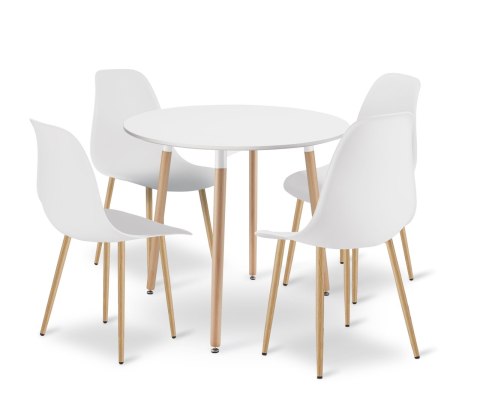 Zestaw Stół KAMI Okrągły 80cm - biały / naturalne nogi + 4 krzesła WAT białe / nogi naturalne