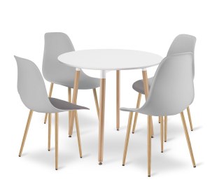 Zestaw Stół KAMI Okrągły 80cm - biały / naturalne nogi + 4 krzesła WAT szare / nogi naturalne