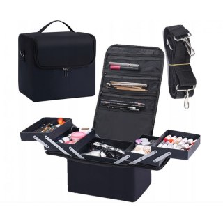 CZARNA KOSMETYCZKA ROZKŁADANA ELEGANCKI KUFEREK ORGANIZER NA KOSMETYKI PRZENOŚNA 25x28x20cm CB45
