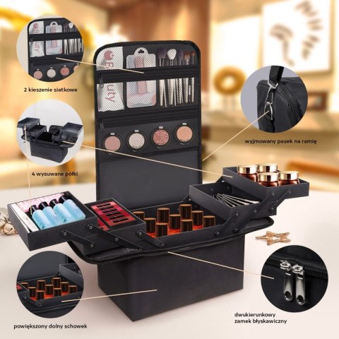 CZARNA KOSMETYCZKA ROZKŁADANA ELEGANCKI KUFEREK ORGANIZER NA KOSMETYKI PRZENOŚNA 25x28x20cm CB45