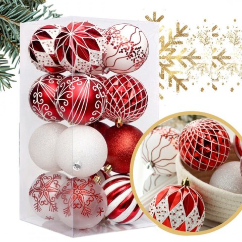 Komplet bombek bożonarodzeniowych 16 sztuk w opakowaniu średnica 8cm białe, czerwone BS57