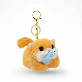 Brelok do kluczy - Kot łapiący rybę z kręconym ogonkiem, kremowy BRL398K