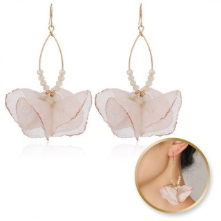 Kolczyki wiszące, efektowne tiulowe z koralikami pudrowe K1700