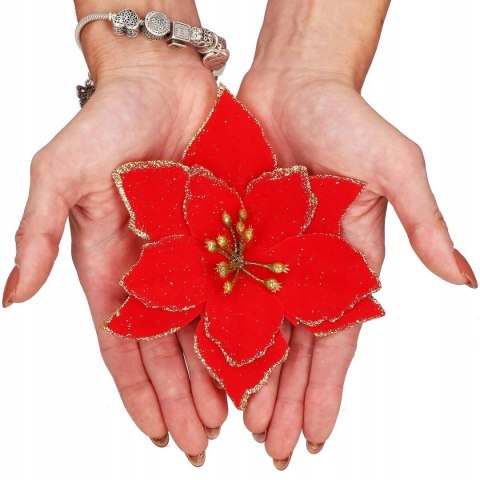 Gwiazda betlejemska POISENCJA 15 cm czerwona + brokat dekoracja z klipsem