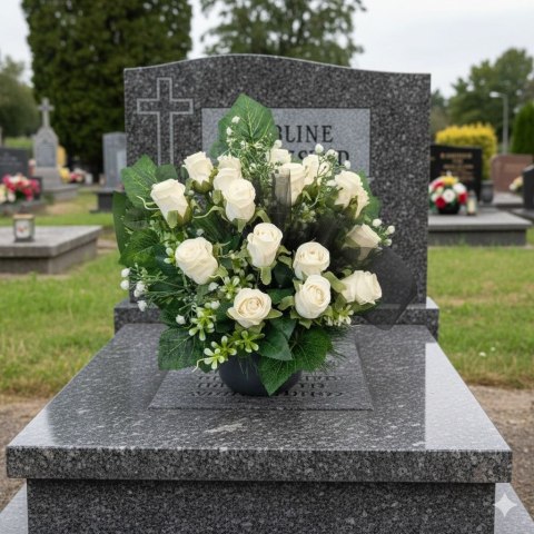 Stroik na cmentarz grób kompozycja kwiatowa na grób miska róże