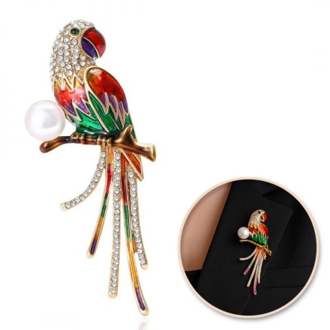 Broszka ozdobna - papuga z cyrkoniami i perłą BZ221