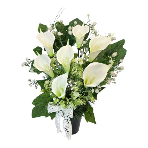 Bukiet flakon stroik na cmentarz kompozycja kwiatowa białe kalie