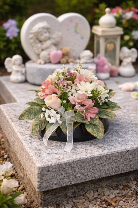 Stroik na cmentarz kompozycja kwiatowa na grób dziecka miska serce