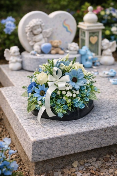 Stroik na cmentarz kompozycja kwiatowa na grób dziecka miska serce