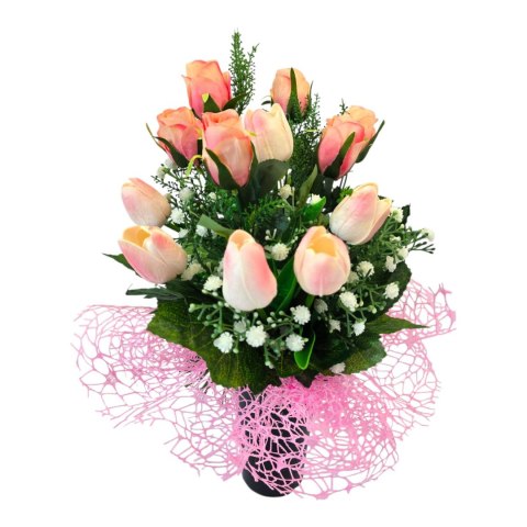 Bukiet flakon stroik na cmentarz kompozycja kwiatowa na grób tulipany