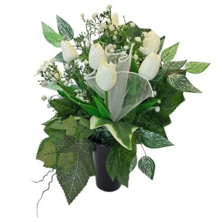 Bukiet flakon stroik na cmentarz kompozycja kwiatowa na grób tulipany