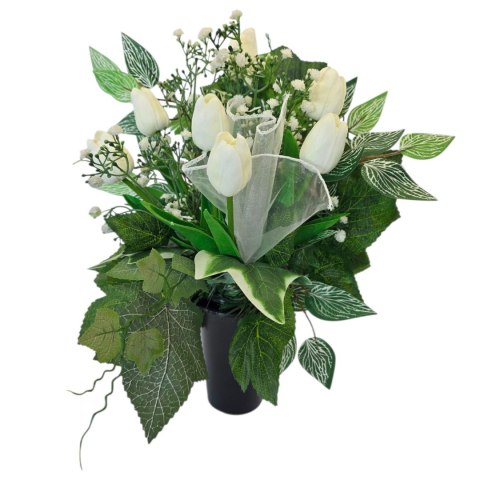 Bukiet flakon stroik na cmentarz kompozycja kwiatowa na grób tulipany