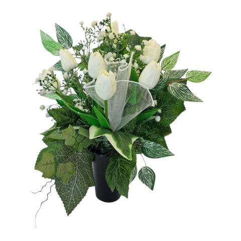 Bukiet flakon stroik na cmentarz kompozycja kwiatowa na grób tulipany