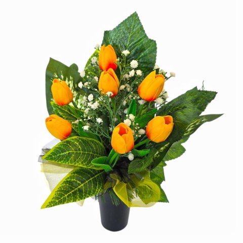 Bukiet flakon stroik na cmentarz kompozycja kwiatowa na grób tulipany