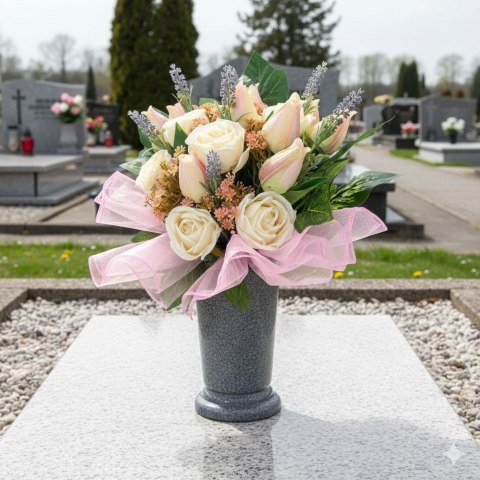 Bukiet stroik na cmentarz tulipany róże wiosenna kompozycja na grób