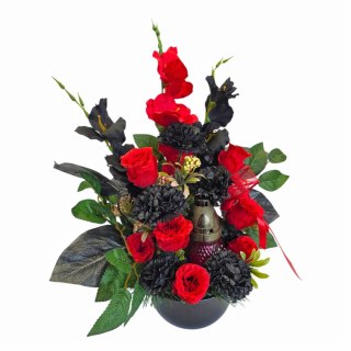 Stroik na cmentarz ze zniczem kompozycja kwiatowa miska z obciążeniem