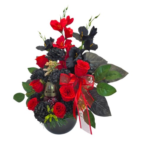 Stroik na cmentarz ze zniczem kompozycja kwiatowa miska z obciążeniem