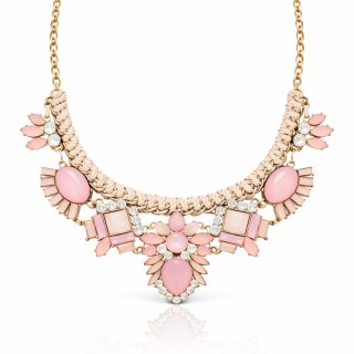 Efektowny naszyjnik KOLIA kryształy różowy, pleciony rzemyk N1097