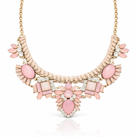 Efektowny naszyjnik KOLIA kryształy różowy, pleciony rzemyk N1097